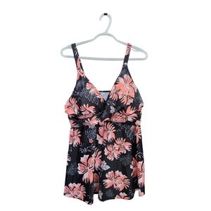 TANKINI SET Floral Peach & Black Tankini Top w/Black Shorts Bottoms.  XL NWOT